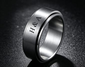 Custom Engraved Spinner Ring, Stainless Steel Ring, Fidget Spin Band, Rotatable Ring, Anxiety Relief Ring, Men Gift