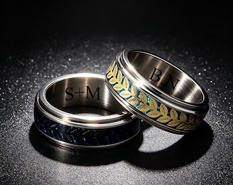 Personalized Anxiety Relief Spinner Ring, Stainless Steel Fidget Ring, Olive Leaf Ring, Stress Relief Gift for Men