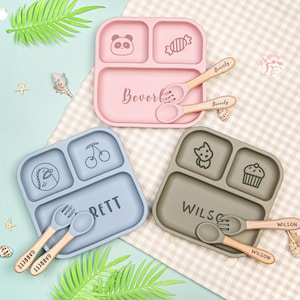 Gepersonaliseerde siliconen speenset | Custom babybordje cadeau babyshower | Gegraveerde speenset voor peuter Aangepast babycadeau Babyvoedingsset