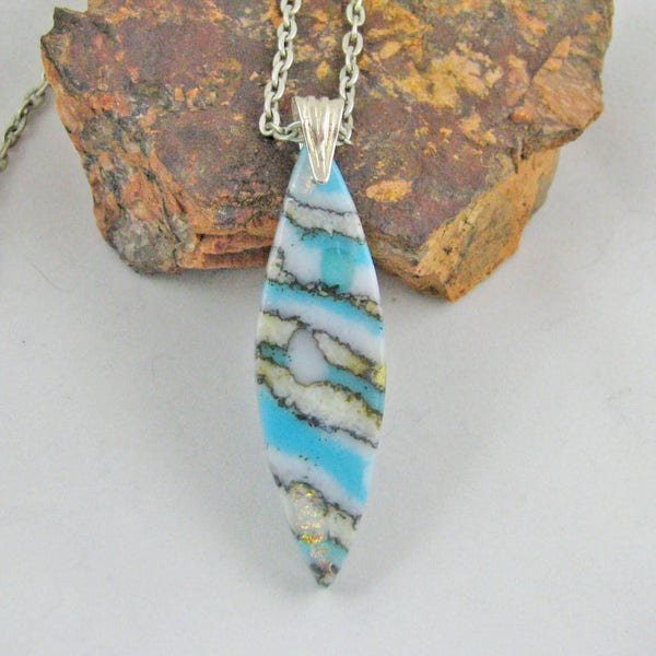 Cyan and Cloud Opal Leaf / Pod Fused Dichroic Glass - Layered Crushed Glass Kiln Formed Pendant