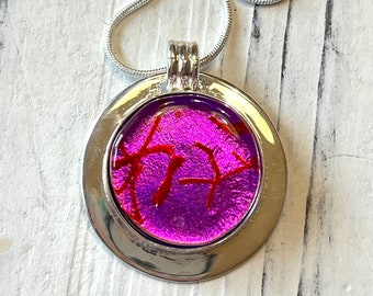 Super Pink! Dichroic Glass Pendant with Silver Bail and 18" Silver Chain - Fused Dichroic Glass