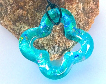 Blue Ice Quatrefoil (Good Luck) Dichroic Glass Pendant with Leather Cord