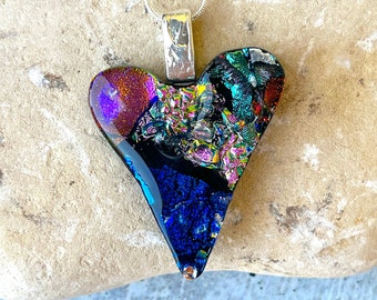 Funky Heart - Fused Dichroic Glass Pendant with Silver Bail and 18" Chain
