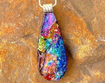 Dichroic Teardrop - Fused Dichroic Glass Pendant with Silver Tube Bail and Chain