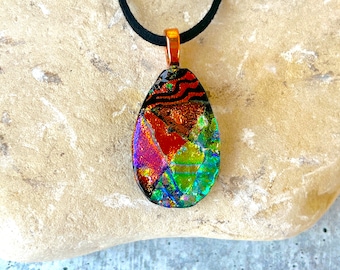 Dichro Drop - Fused Dichroic Glass Pendant with Rose Gold Bail and Cord