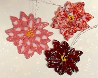 Set of 3 Fused Glass Poinsettia Ornaments with Dichroic Glass