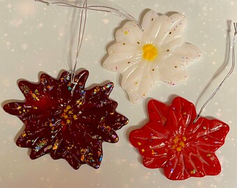 Set of 3 Fused Glass Poinsettia Ornaments with Dichroic Glass