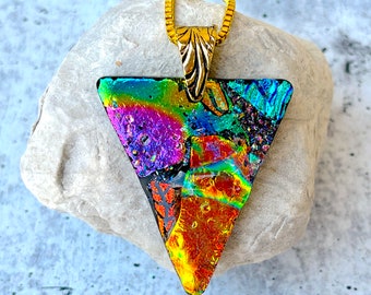 Warrior Necklace - Fused Dichroic Glass Pendant with Gold Bail and Chain