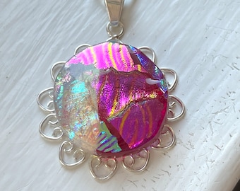 Bright Pink Dichroic Flower with Silver Filigree Pendant and 18" Chain - Fused Dichroic Glass