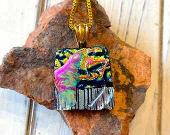 Textured Square Fused Glass Pendant with Gold Bail and Chain