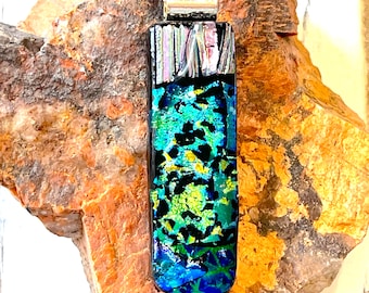 Shimmering Stream - Blue/Green/Silver Pendant with Silver Bail and 18" Chain - Fused Dichroic Glass