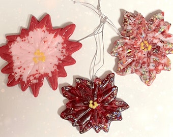 Set of 3 Fused Glass Poinsettia Ornaments with Dichroic Glass