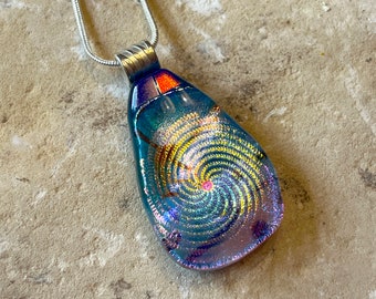 Dichroic Spiral DGlass Pendant with Silver Bail and 18" Silver Chain - Fused Dichroic Glass