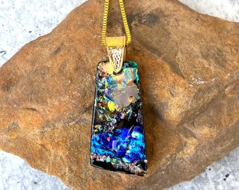 Rose Gold and Dichroic - Fused Glass Pendant with Rose Gold Bail and Cord