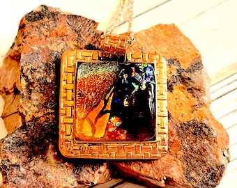 Flaming Embers - Fused Dichroic Glass Pendant - Copper Setting with Chain or Cord