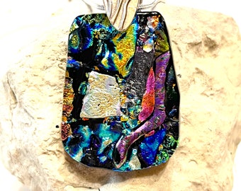 Fire and Ice Dichroic Glass Pendant with Silver Bail and 18" Chain - Fused Dichroic Glass
