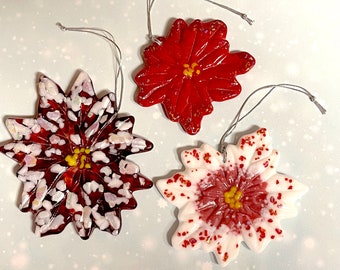 Set of 3 Fused Glass Poinsettia Ornaments with Dichroic Glass