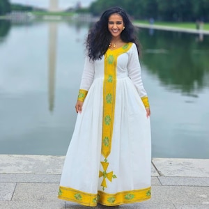 Emebet Eritrean Habesha Dress | Traditional Yellow And Green Embroidery Habesha Kemis | Timeless Traditional Ethiopian Clothing