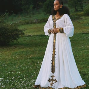 Tihtina Elegant Ethiopian Habesha Kemis | Black And Gold Tilf Design Habesha Dress | Cultural Ethiopian Dress