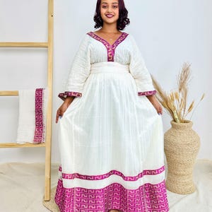 Elegant White Ethiopian Dress | White with Bright Pink Geometric Border | Handwoven Cotton | Empire Waist Cultural Clothing | Hab200