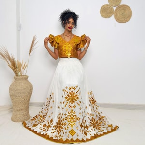 Ethiopian Habesha Kemis Dress | Handwoven Traditional Gown | Eritrean Wedding Attire | Golden Embroidered Handmade Dress | Hab190