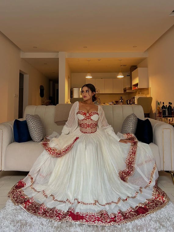 Ariam Royal Traditional Ethiopian Wedding Dress | Red and Gold Woven  Pattern Habesha Kemis | Vibrant Habesha Dress for Wedding - Etsy Israel