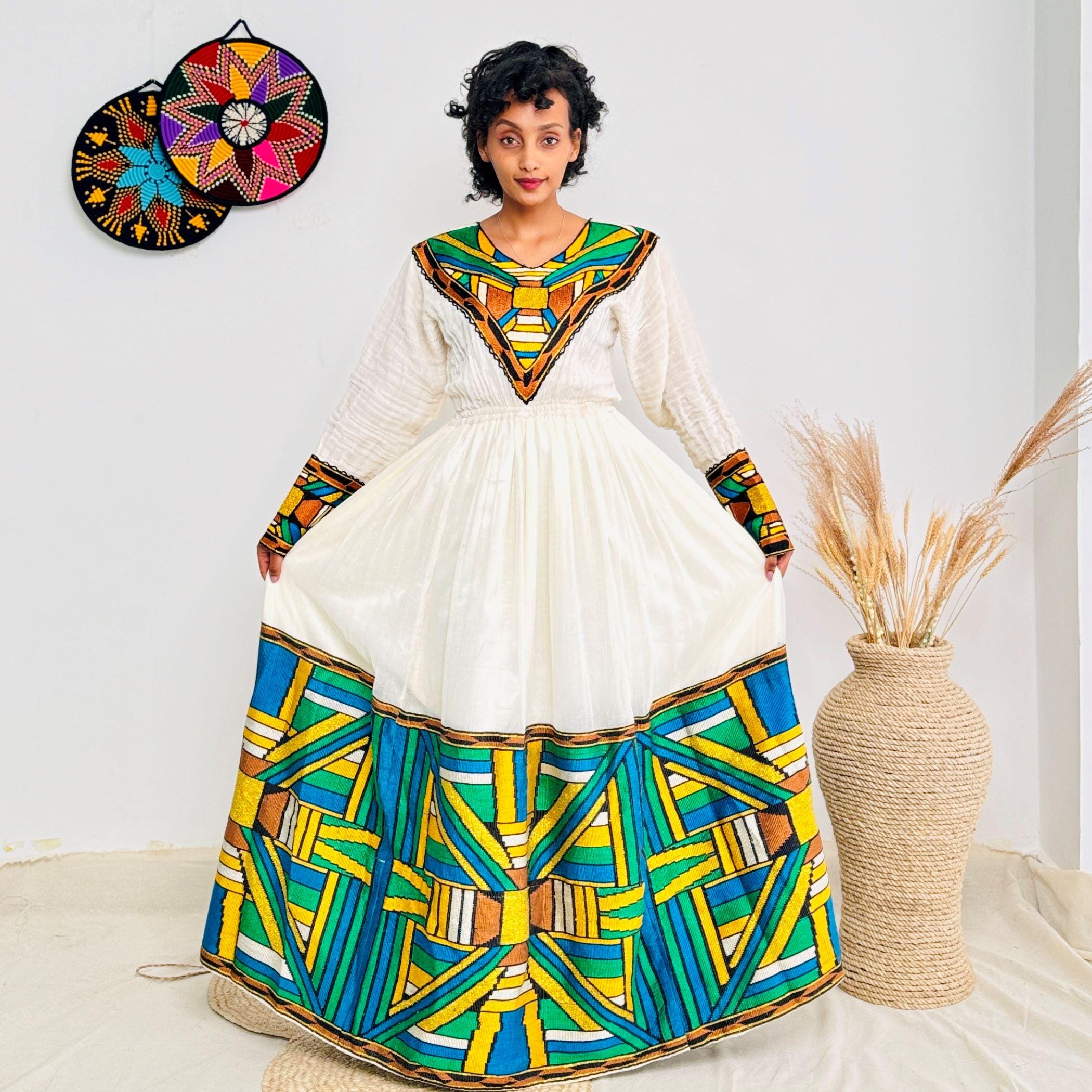 Bold & Colorful Ethiopian Dress | Handwoven Habesha Kemis with Geometric Tibeb Design | Cultural Elegance Hab178 Bold & Colorful Ethiopian Dress | Handwoven Habesha Kemis with Geometric Tibeb Design | Cultural Elegance Hab178