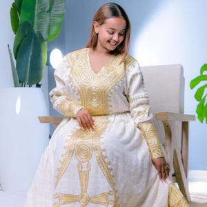 Golden Majesty V-Neck Habesha Dress | Regal Ethiopian Kemis Hab245