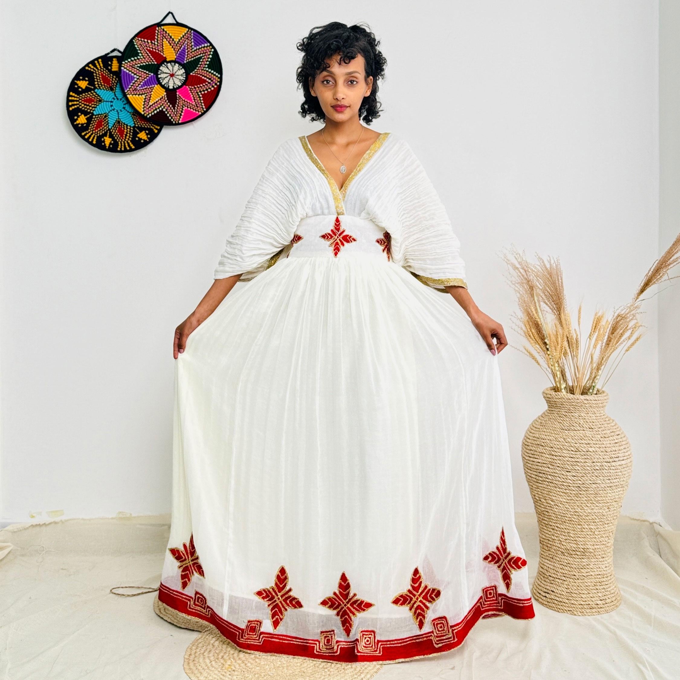 Habesha Dress – Modern Cotton Style with Handwoven Red Borders for Graduations main image 1