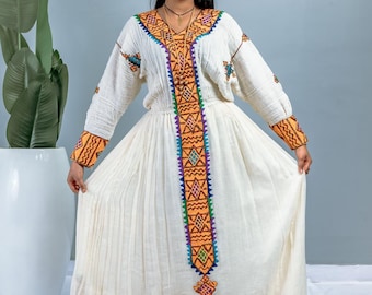 Handwoven Cotton Gown with Cross Design | Orange & Multicolor Embroidery | Flowy Cultural Outfit Hab207