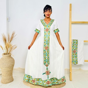 Elegant Ethiopian Habesha Kemis | White Cotton Dress with Green & Gold Cross Tibeb Hab232