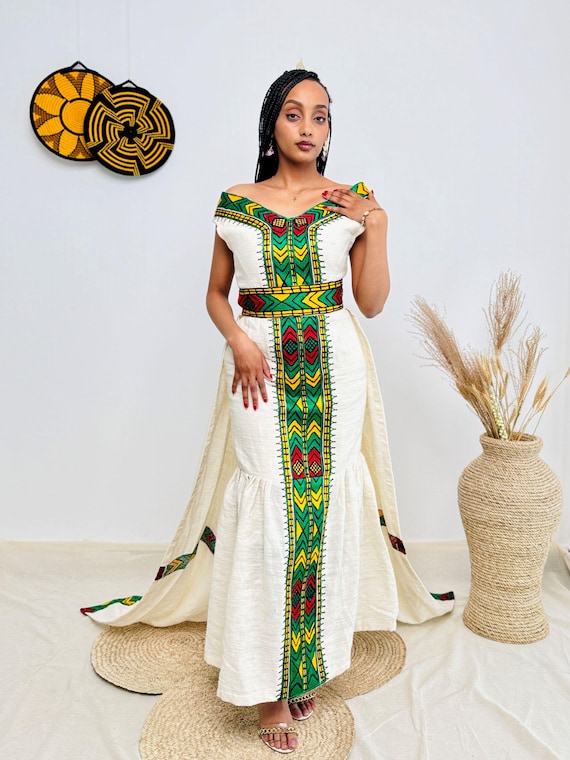 Ethiopian Cultural Dress | Sleeveless Habesha Kemis | Elegant Floor-Length Cut | Bold Green, Yellow & Red Tibeb Hab171 Ethiopian Cultural Dress | Sleeveless Habesha Kemis | Elegant Floor-Length Cut | Bold Green, Yellow & Red Tibeb Hab171