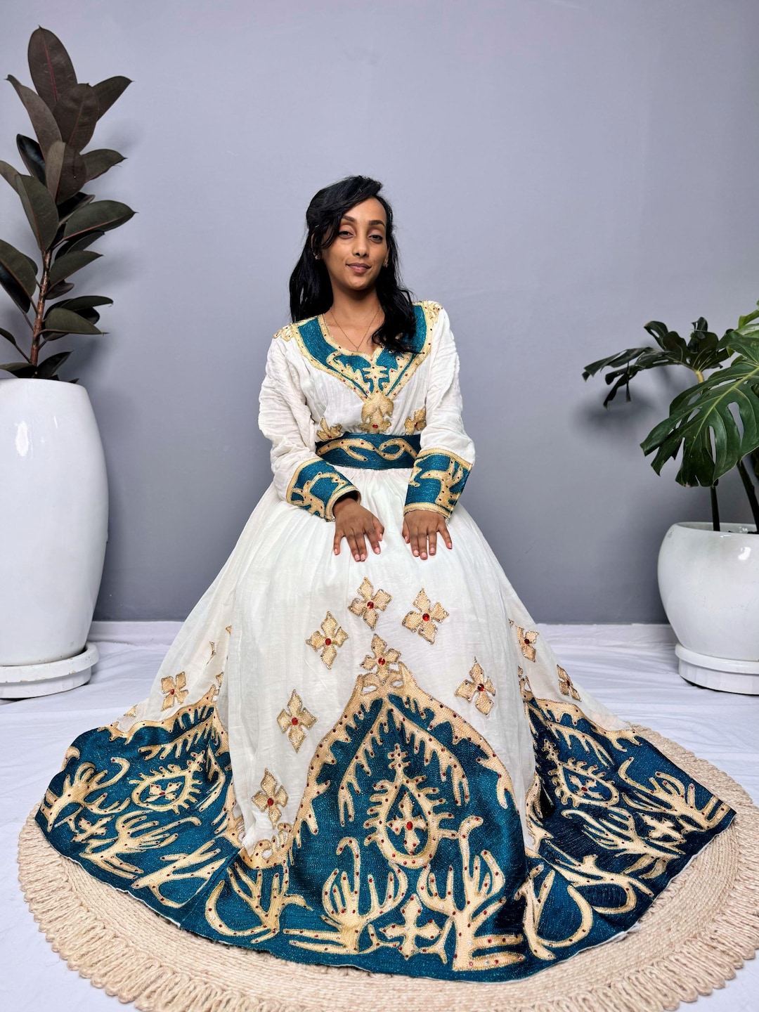 Green & Gold Embroidered Habesha Dress – Modern Zuria with Sheer Shawl main image 1