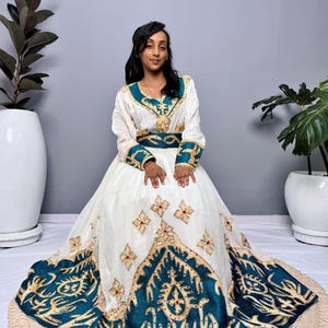 Habesha Dress | Full-Sleeved with Gold Embroidery | Weddings & Special Occasions Dress | Green Fabric Designs | Ethiopia Dress Hab123