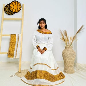 Amber Majesty | Traditional Ethiopian Habesha Dress with Geometric Tilet Accents Hab226