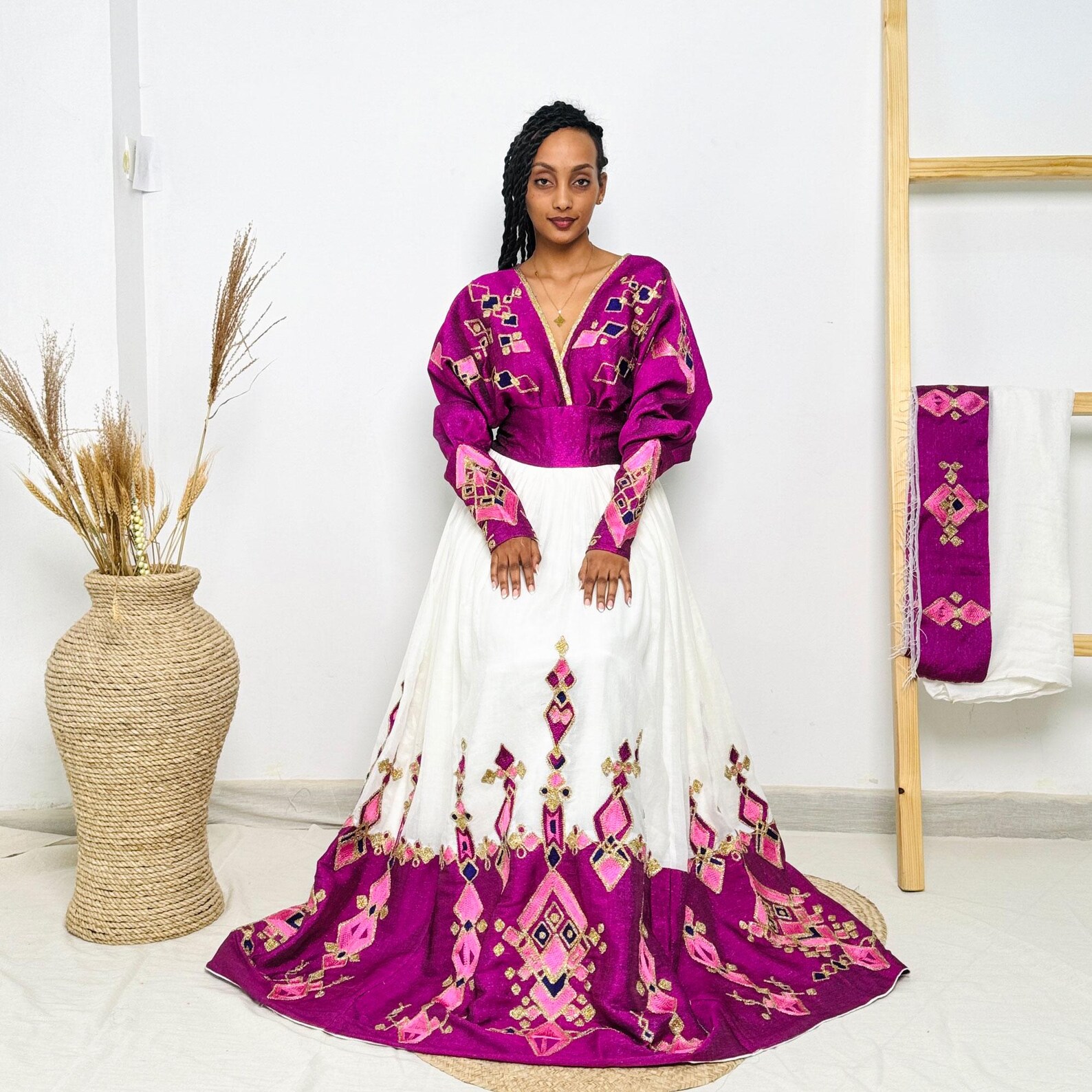 Orange Embroidery Long Dress, Habesha kemis main image 1
