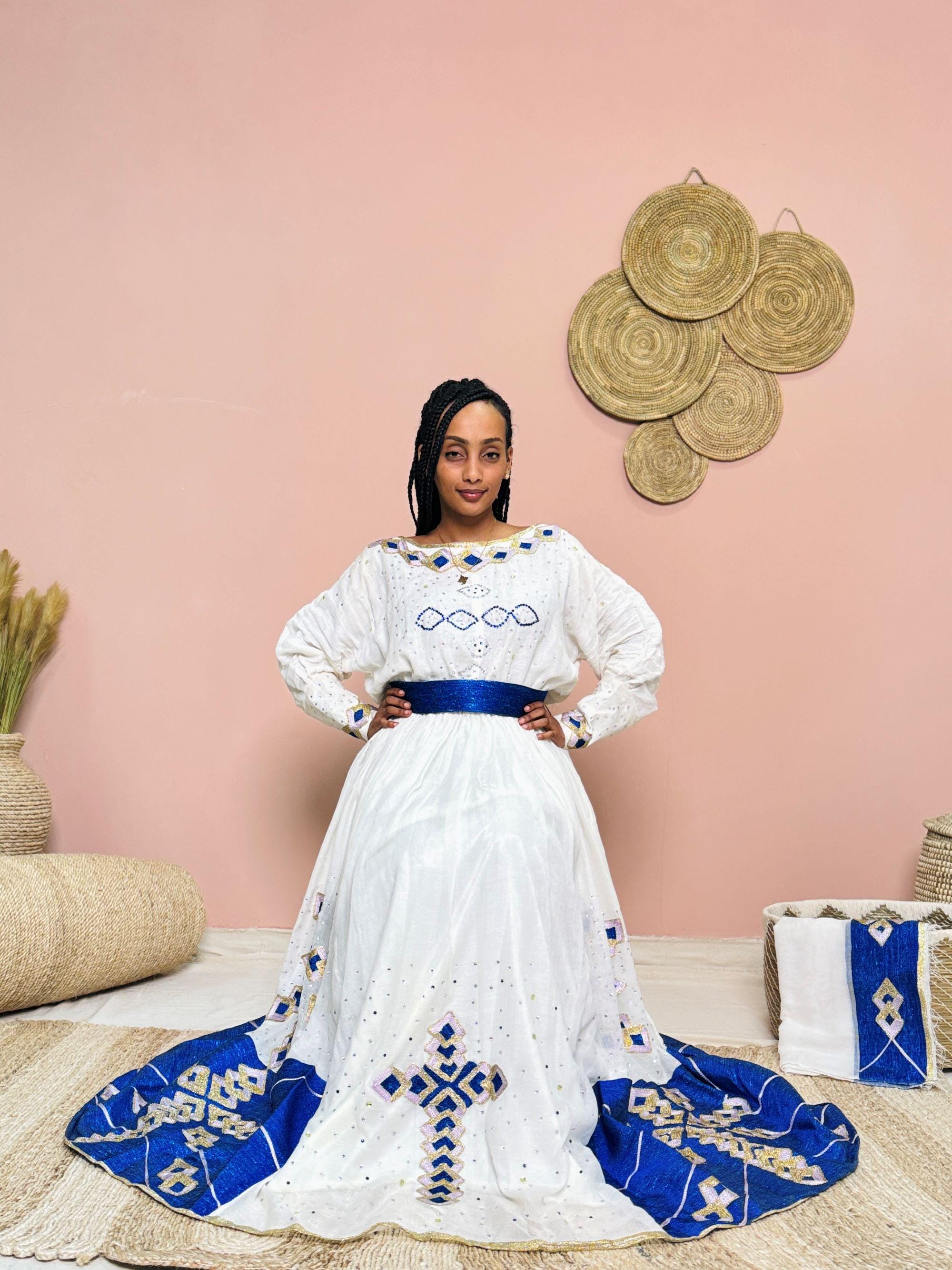 White & Royal Blue Ethiopian Dress | Off-the-Shoulder Handwoven Habesha Kemis | Modern Geometric Embroidery Hab164