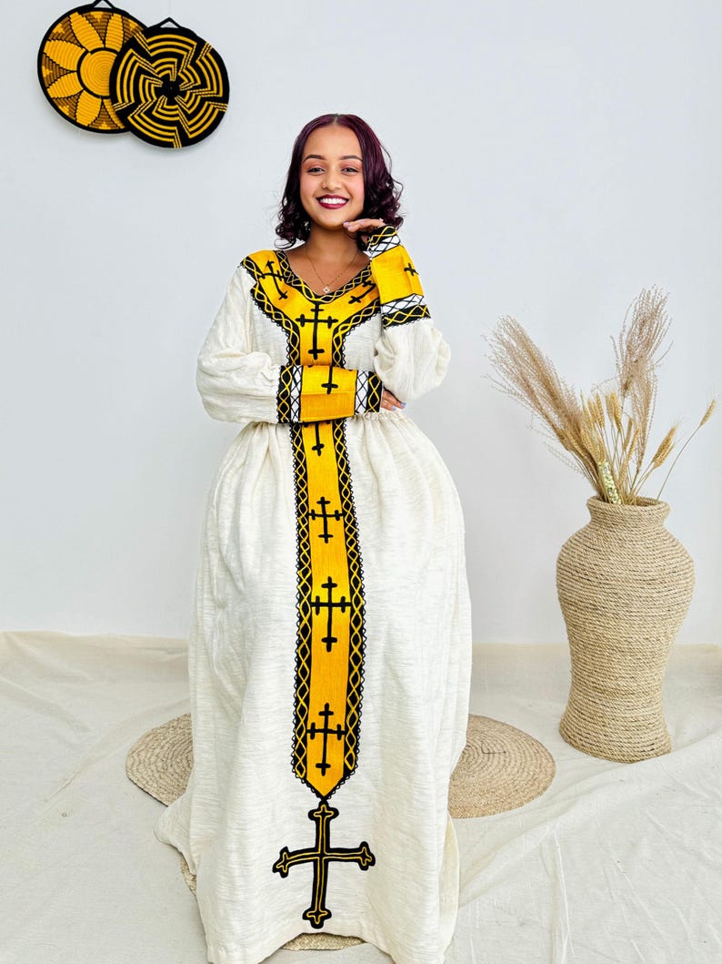 Flowing Yellow & White Habesha Dress with Sheer Shawl - Traditional Ethiopian Attire, Zuria Style