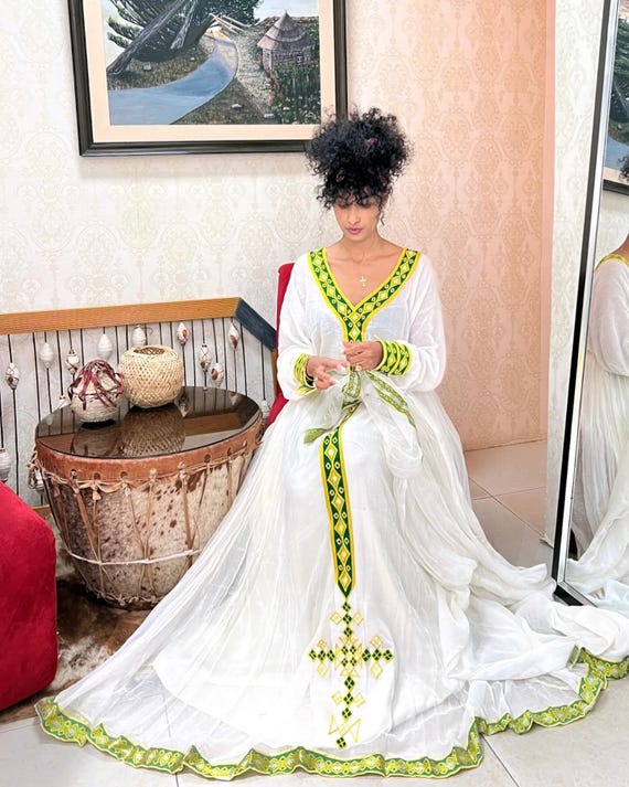 Seblewengel Traditional Habesha Dress | Green Embroidered Ethiopian & Eritrean Habesha Kemis | Handwoven Ethiopian Clothing