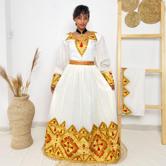 Golden Embroidery Habesha Dress Traditional Ethiopian Dress Hab44