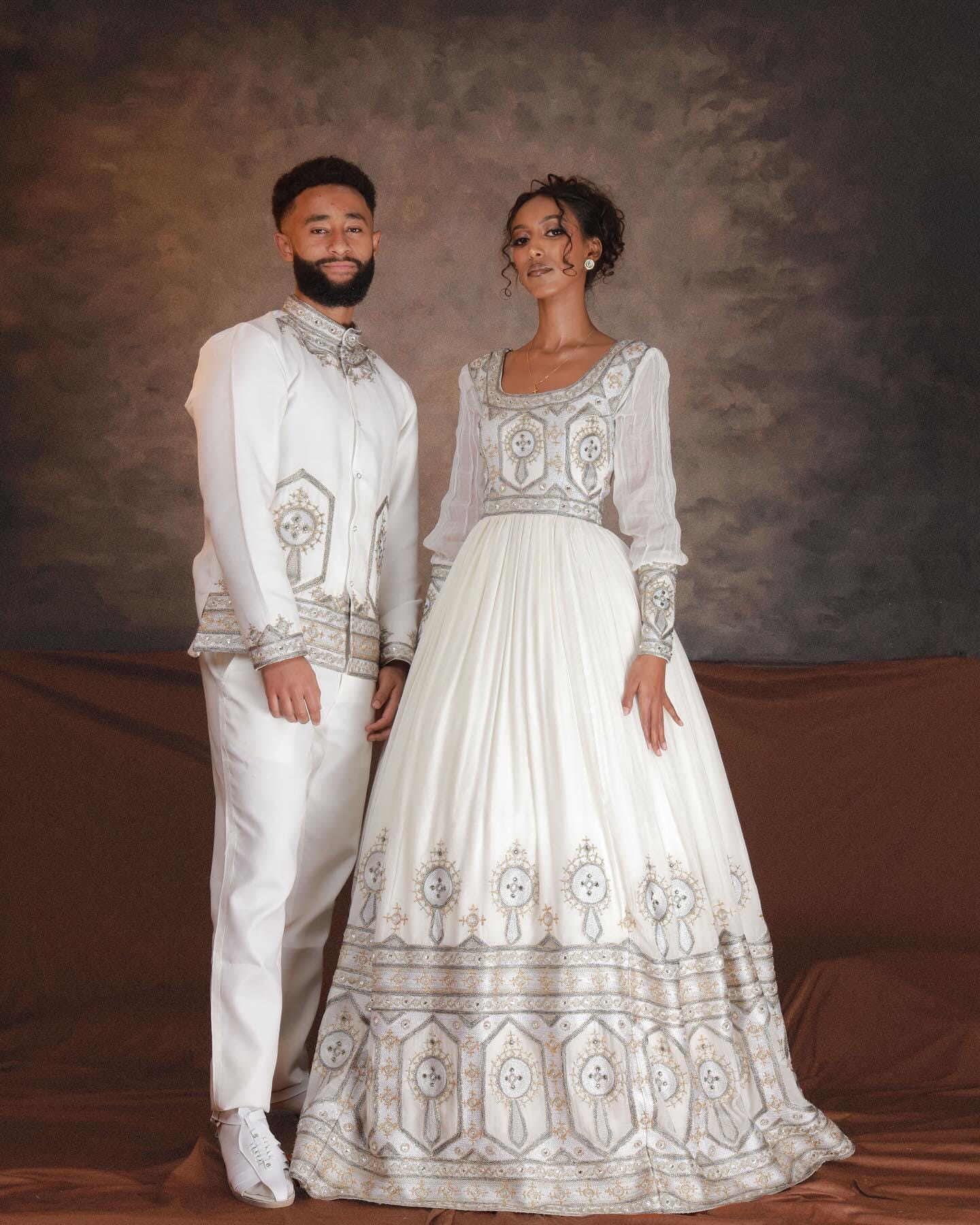 ethiopian wedding dress designer Mare Ethiopian Outfit for Couples | Silver Habesha Traditional Wear |  Cultural Matching Couples Set