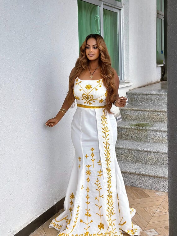 white dress with gold embroidery Aurneaja Ivory and Gold Rhinestone Applique Wedding Dress, 2 in 1 Gold and White Wedding Dress with Removable Skirt