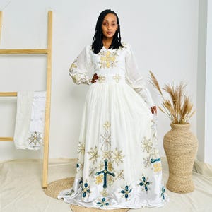 Serene White Habesha Kemis - Elegant Ethiopian Dress with Teal Accents main image 1
