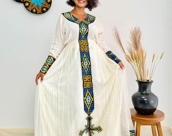 Blue Design Traditional Ethiopian Dress Vibrant Color Habesha Dress Design Hab26