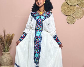 Elegant Tigray Cultural Dress | Handwoven Menen Fabric | Vibrant Blue & Red Tibeb Embroidery | Classic Habesha Kemis Hab145