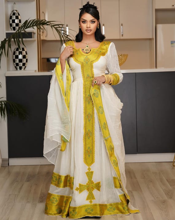 Lewam Ethiopian Traditional Dress | Habesha KemiS for Women | White and Yellow Habesha Dress