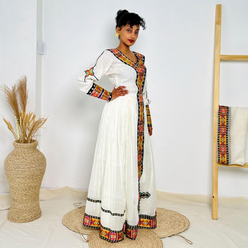 Green Chiffon Ethiopian Dress – Lightweight Flowing Habesha Outfit for Comfortable All-Day Wear and Special Occasions