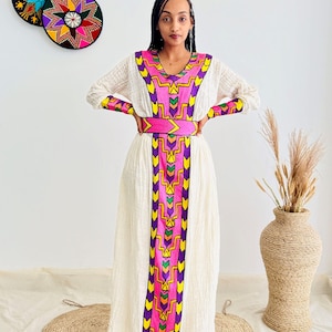 Traditional Ethiopian Habesha Dress | Handwoven Cotton | Bright Front Embroidery | Relaxed Flowy Fit | Handmade Cultural Clothing | Hab194