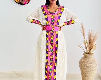 Traditional Ethiopian Habesha Dress | Handwoven Cotton | Bright Front Embroidery | Relaxed Flowy Fit | Handmade Cultural Clothing | Hab194