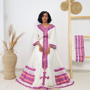 Radiant Cross Embroidered Habesha Dress | White & Violet Tilet Kemis Hab234